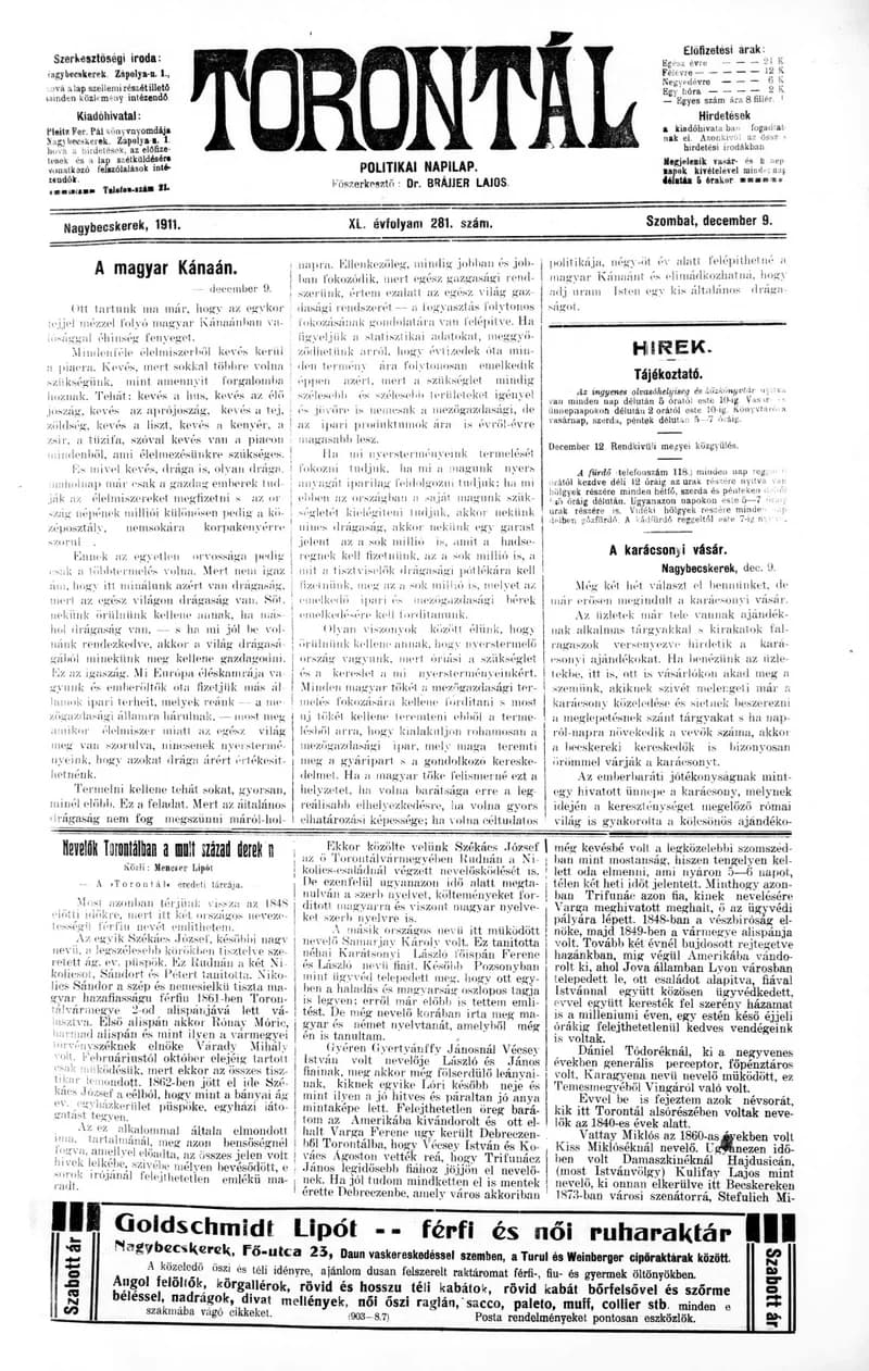 Torontál, 40. évf. 1911. december 9. 281. sz.