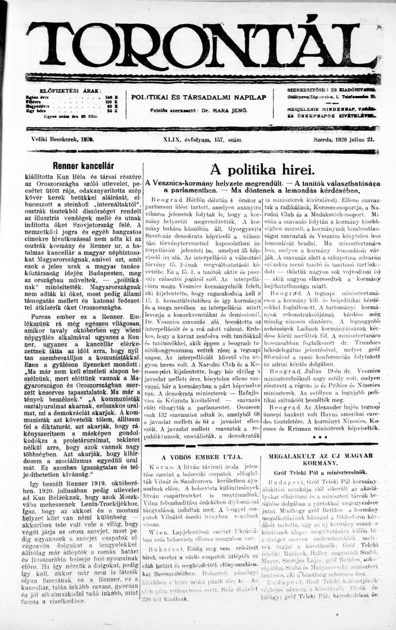 Torontál, 49. évf. 1920. július 21. 157. sz.