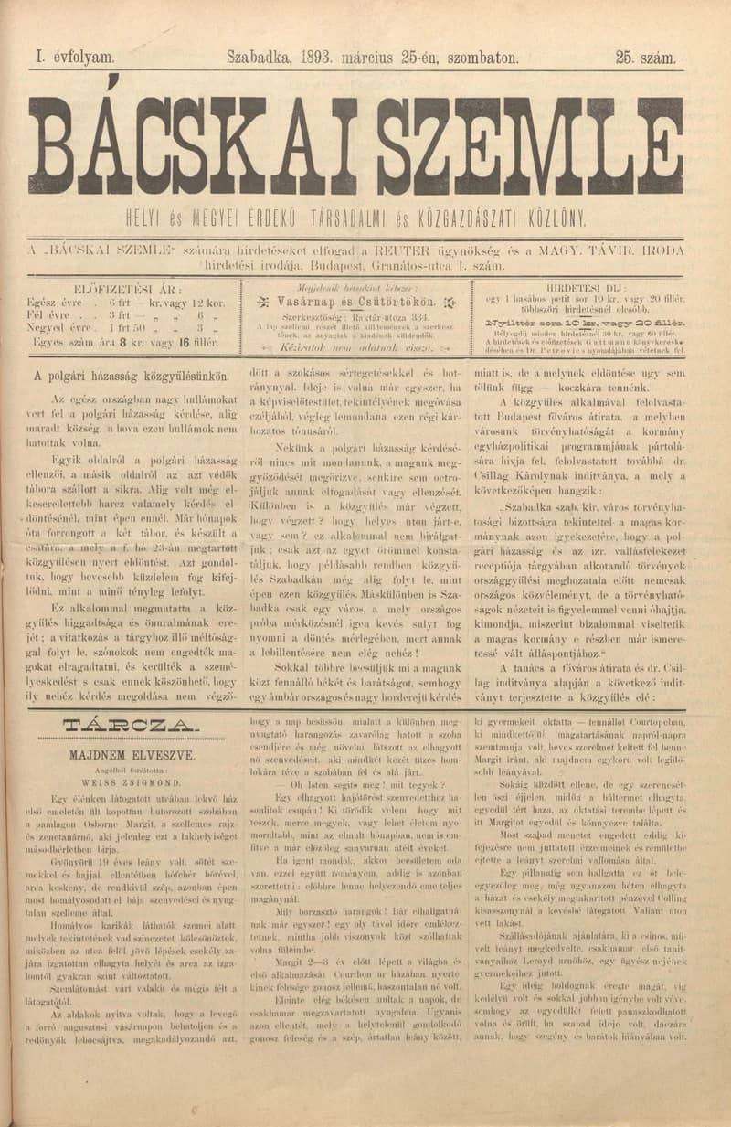 Bácskai Szemle, 1. évf. 1893. március 25. 25. sz.