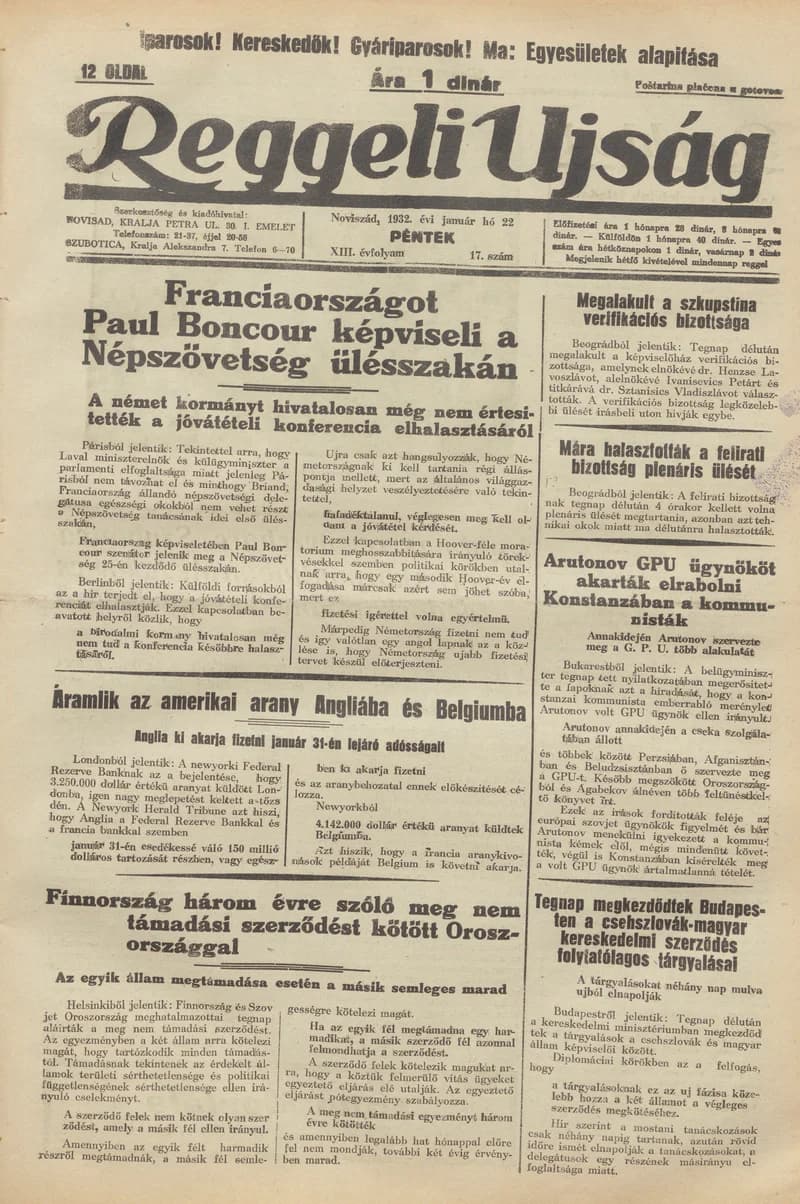Reggeli Újság, 13. évf. 1932. január 22. 17. sz.