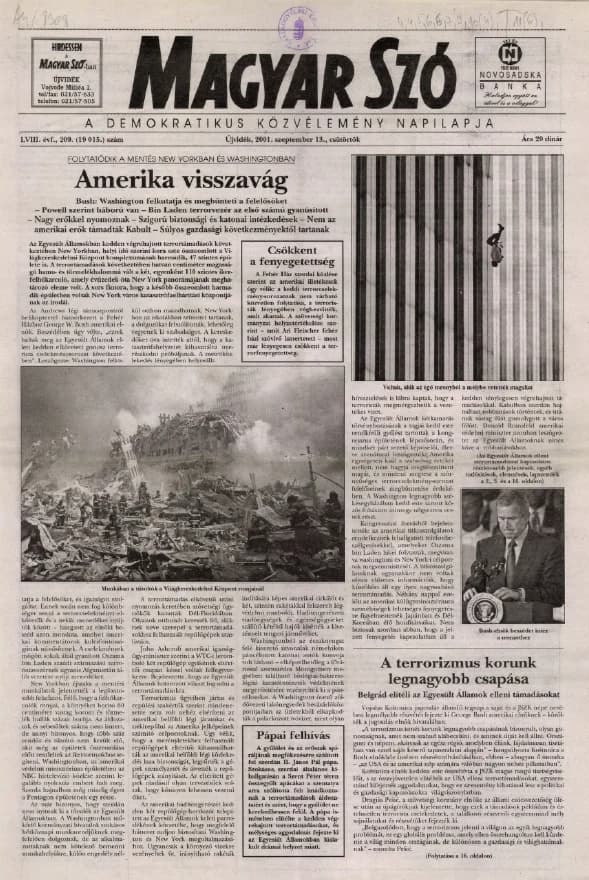 Magyar Szó, 58. évf. 2001. szeptember 13. 209. sz. 1–16. oldal