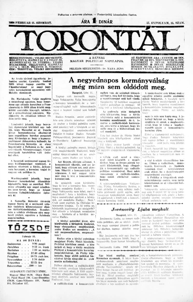 Torontál, 57. évf. 1928. február 11. 35. sz.