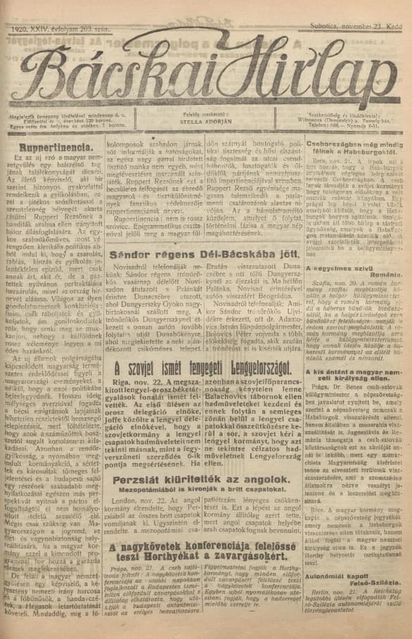 Bácskai Hirlap, 24. évf. 1920. november 23. 203. sz.