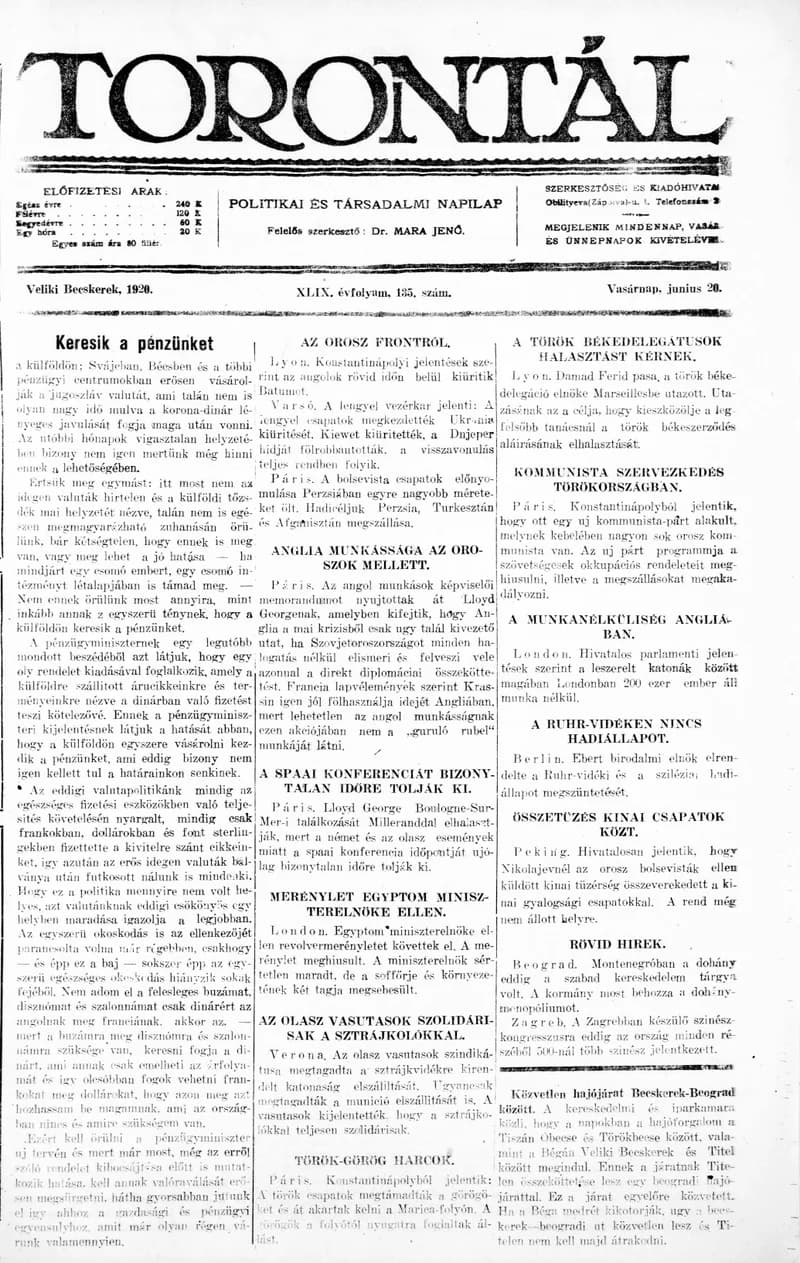 Torontál, 49. évf. 1920. június 20. 135. sz.