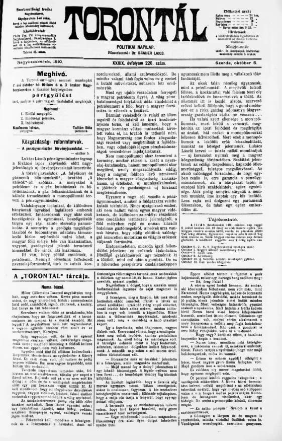 Torontál, 39. évf. 1910. október 5. 226. sz.