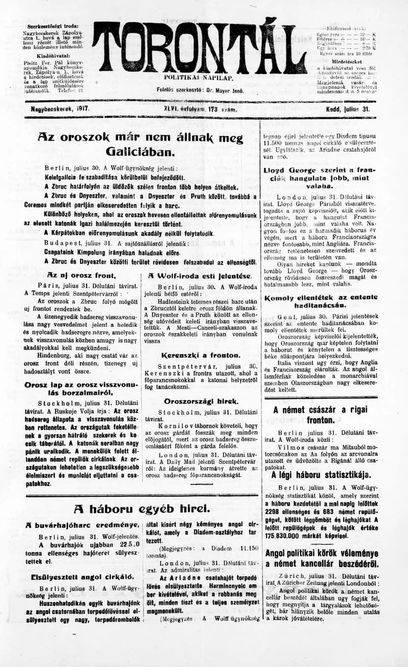 Torontál, 46. évf. 1917. július 31. 173. sz.
