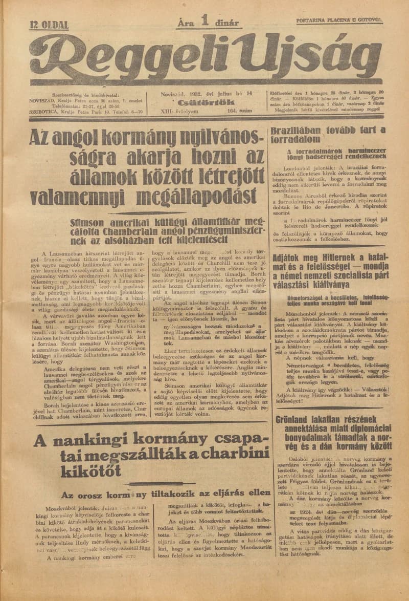 Reggeli Újság, 12. évf. 1932. július 14. 164. sz.