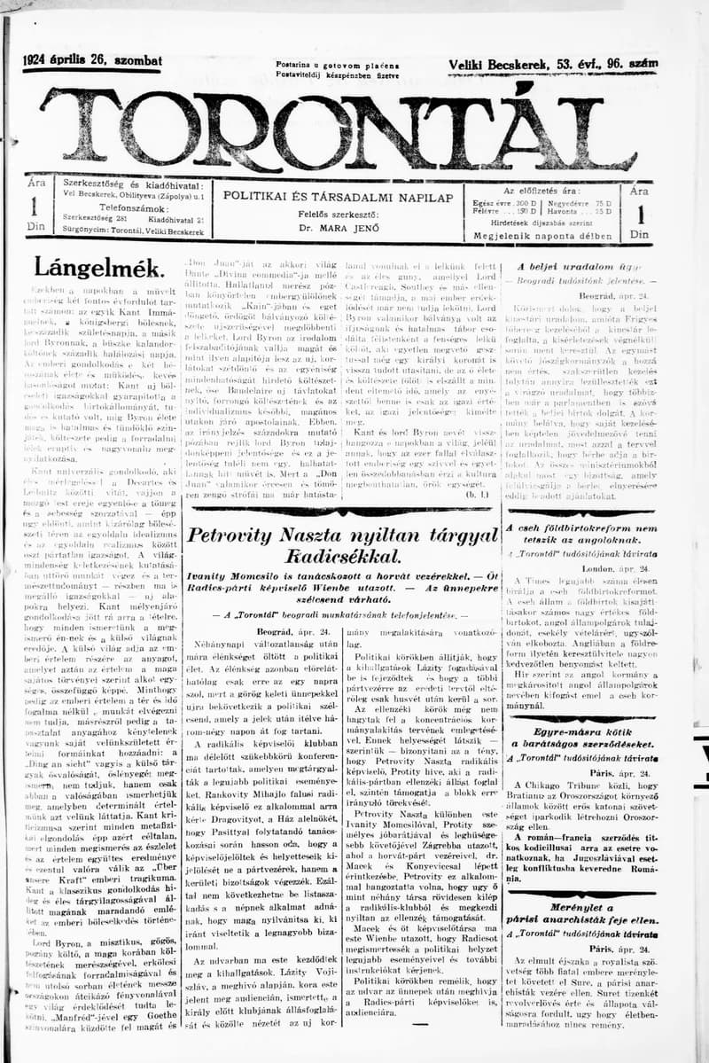 Torontál, 53. évf. 1924. április 26. 96. sz.