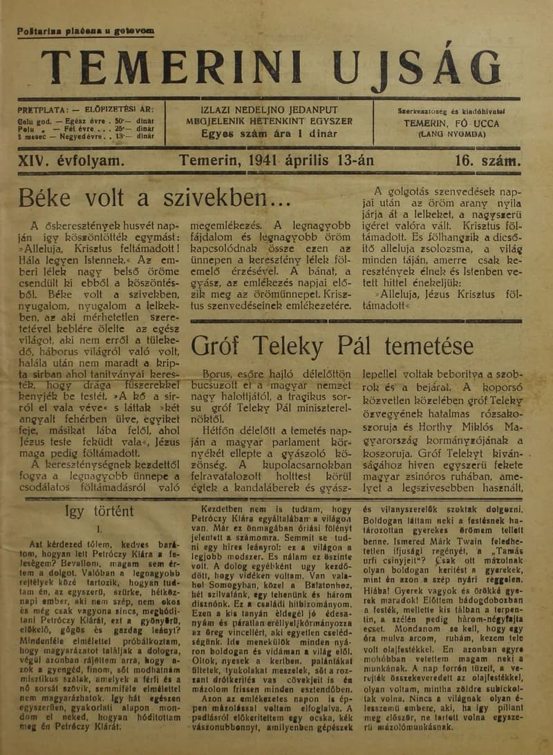 Temerini Újság 1928-1944, 14. évf. 1941. április 13. 16. sz.