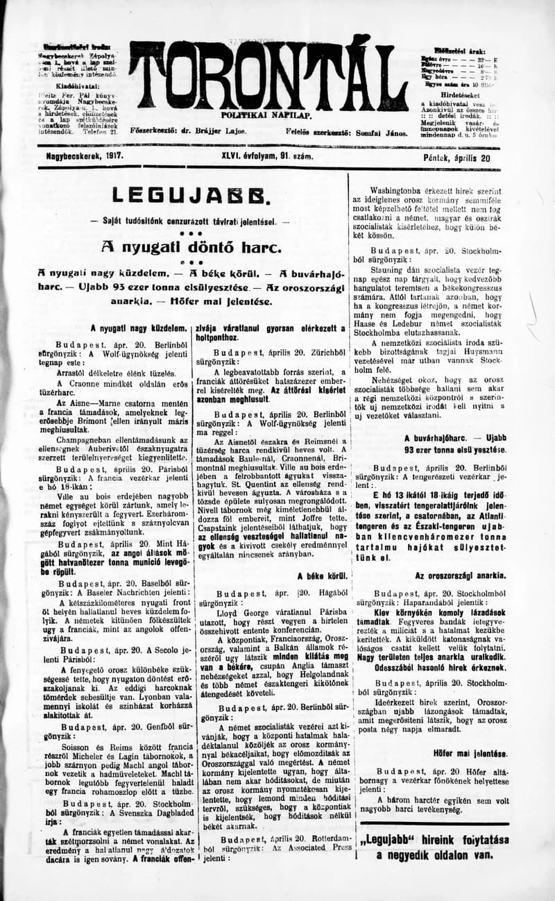 Torontál, 46. évf. 1917. április 20. 91. sz.