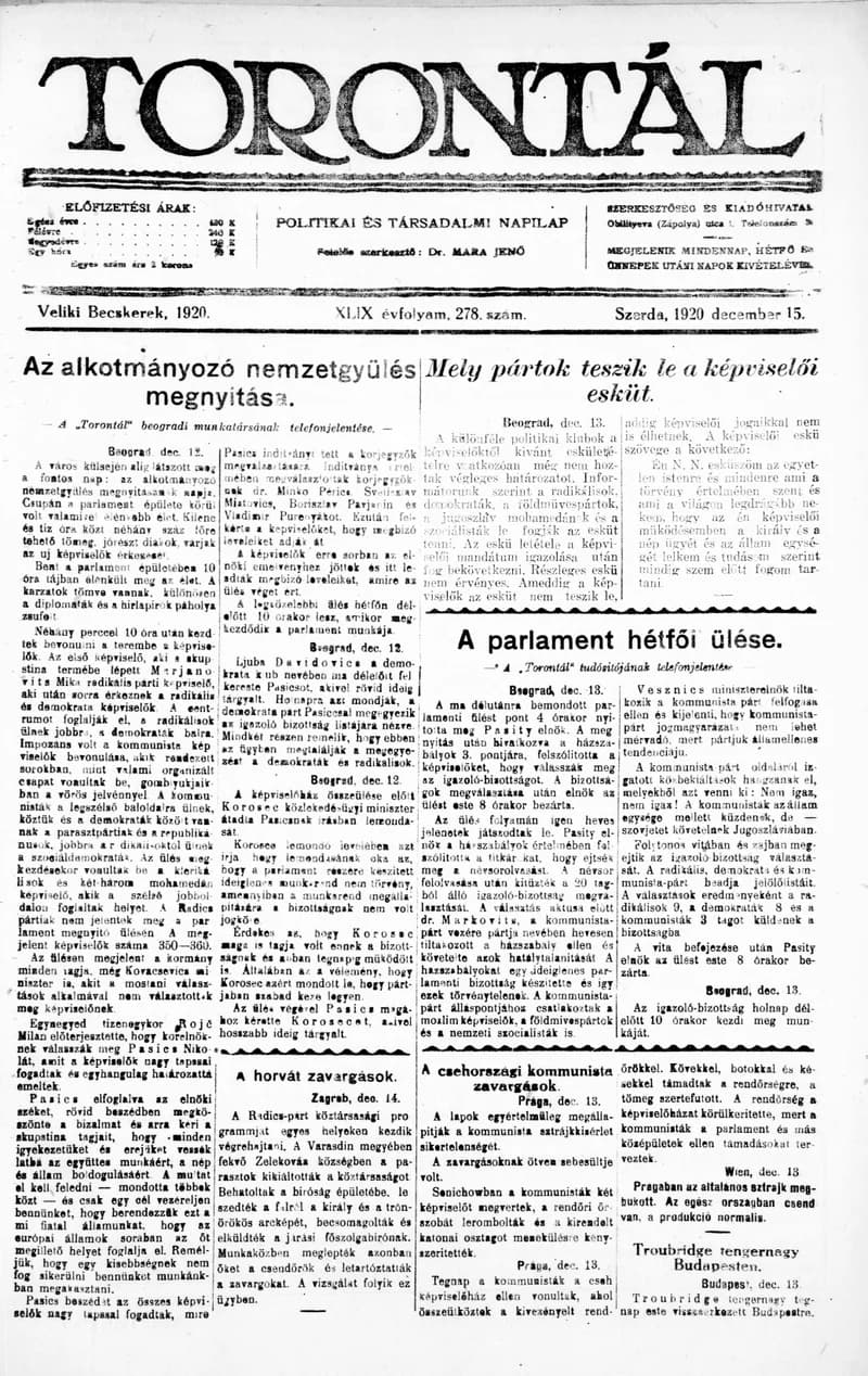 Torontál, 49. évf. 1920. december 15. 278. sz.