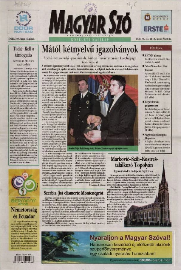 Magyar Szó, 63. évf. 2006. június 16. 137. sz. 1–20. oldal