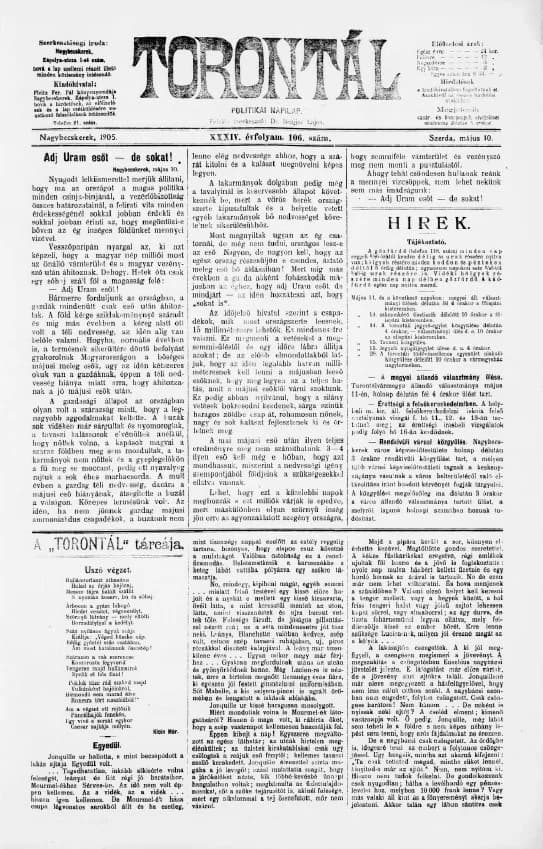 Torontál, 34. évf. 1905. május 10. 106. sz.