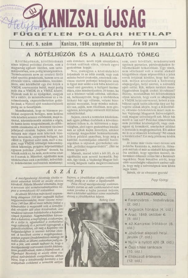 Új Kanizsai Újság, 1. évf. 1994. szeptember 29. 5. sz.