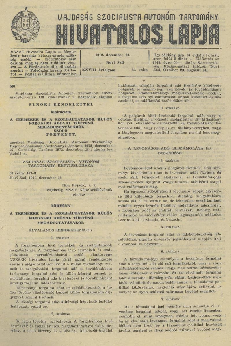 Vajdaság Szocialista Autonóm Tartomány Hivatalos Lapja, 28. évf. 1972. december 30. 25. sz. 857–868. oldal