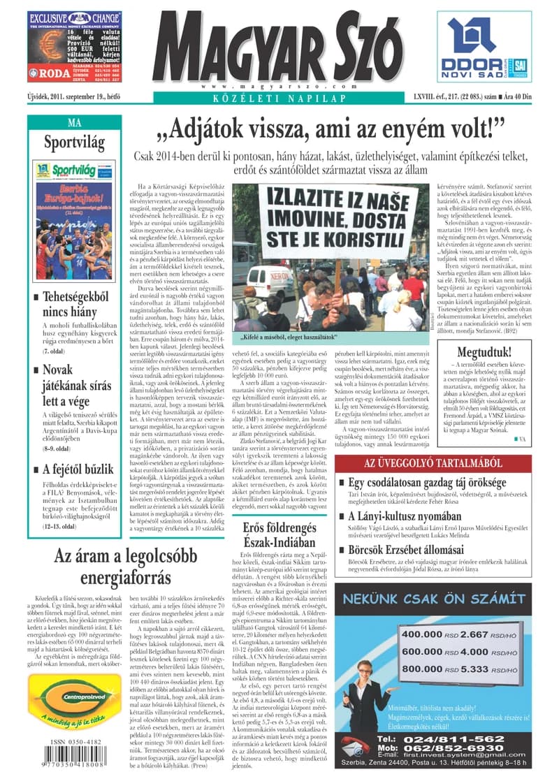 Magyar Szó, 68. évf. 2011. szeptember 19. 218. sz. 1–16. oldal