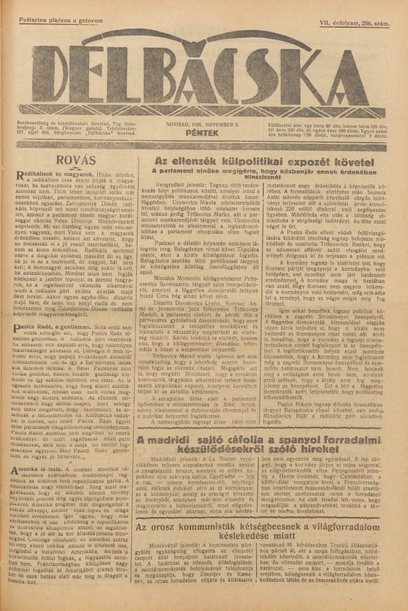 Délbácska, 7. évf. 1926. november 5. 256. sz.