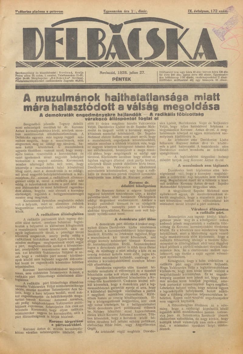 Délbácska, 9. évf. 1928. július 27. 172. sz.