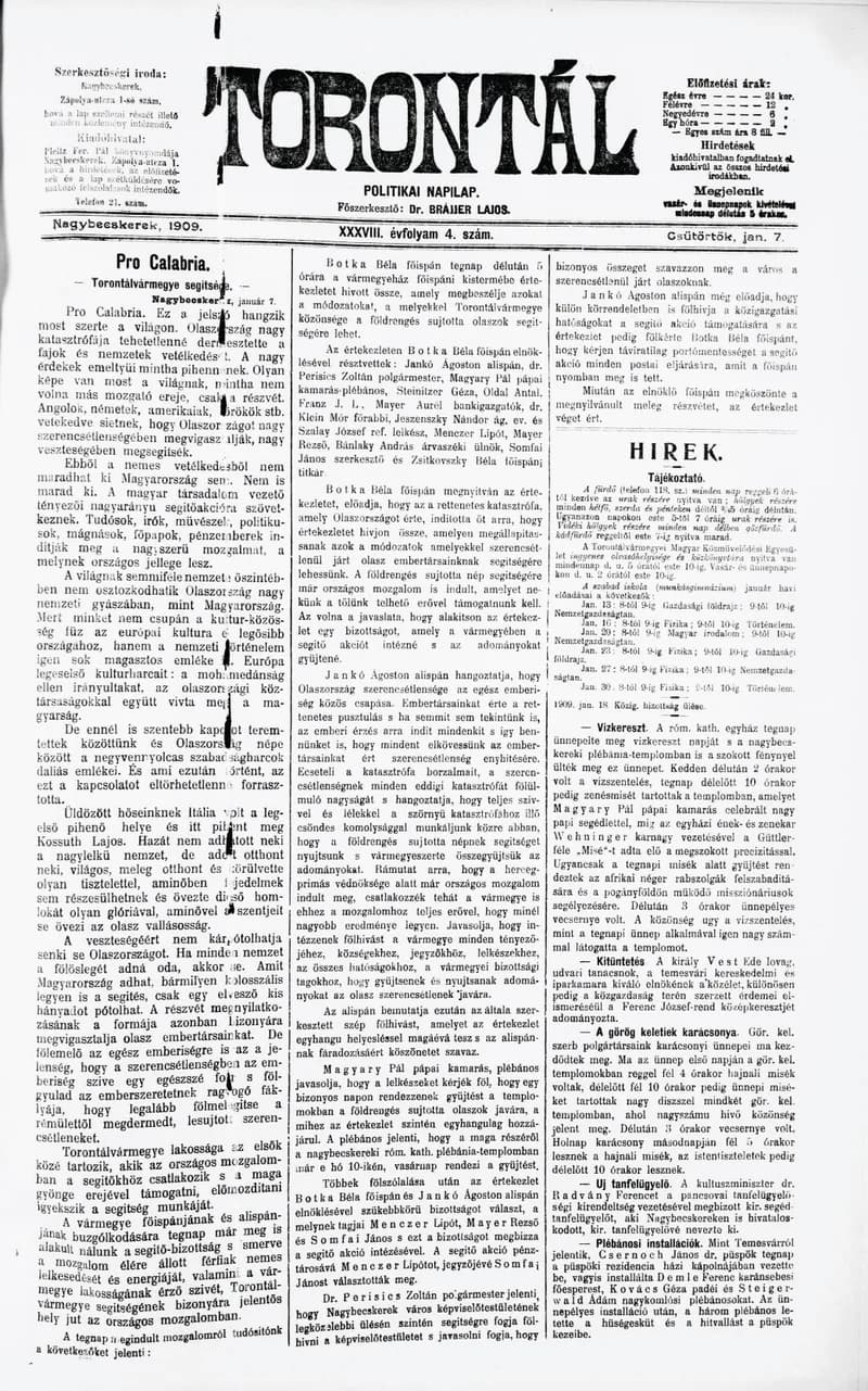 Torontál, 38. évf. 1909. január 7. 4. sz.