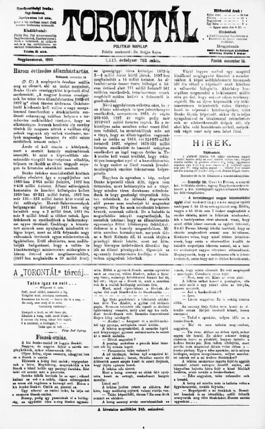 Torontál, 29. évf. 1900. november 16. 263. sz.