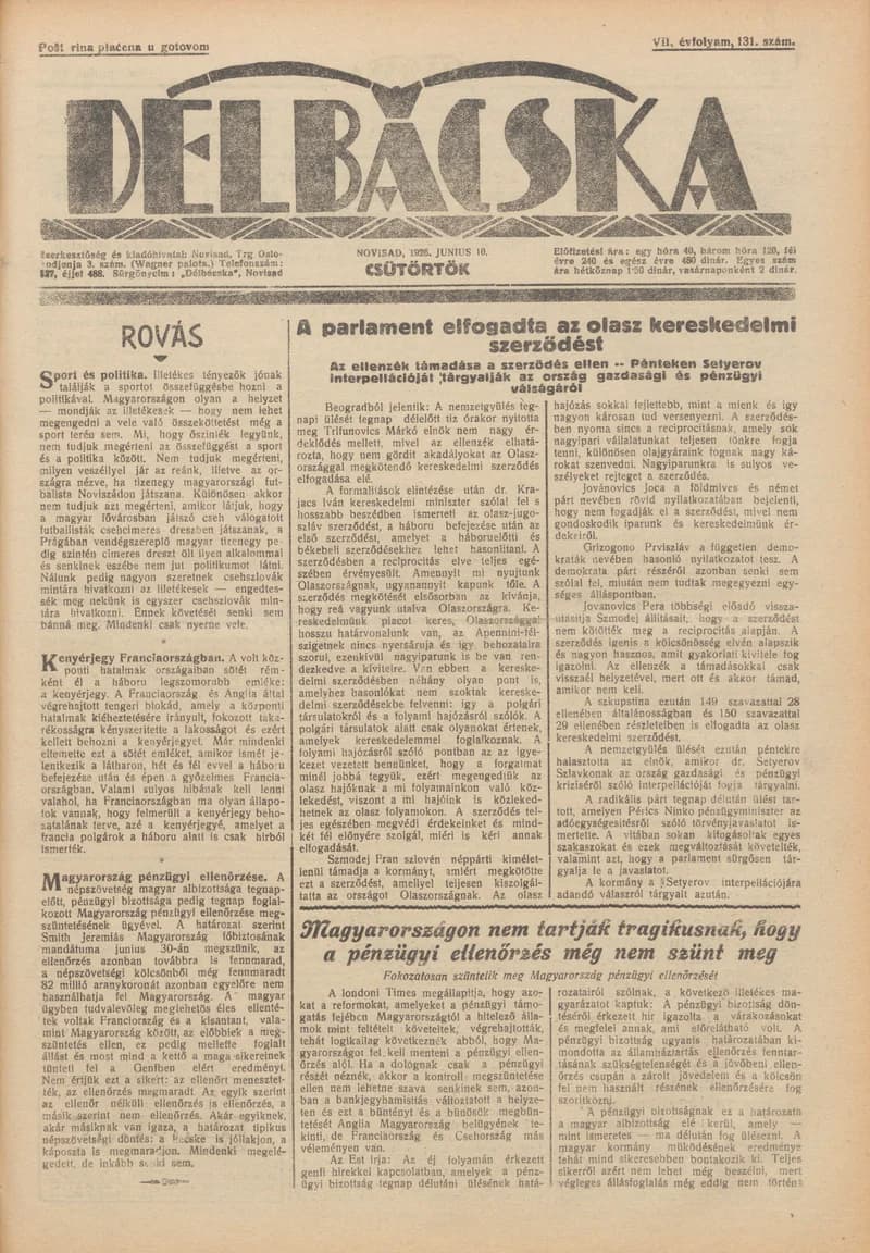 Délbácska, 7. évf. 1926. június 10. 131. sz.