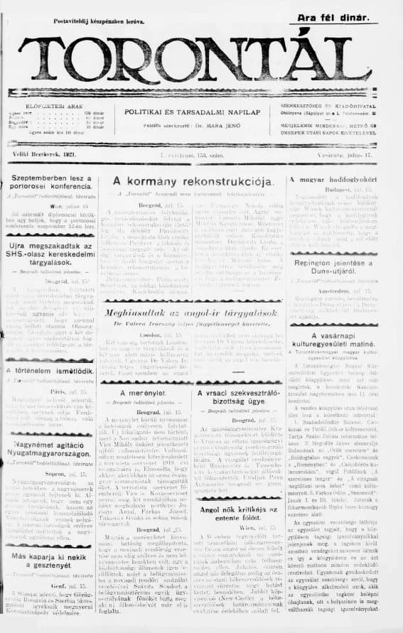 Torontál, 50. évf. 1921. július 17. 153. sz.