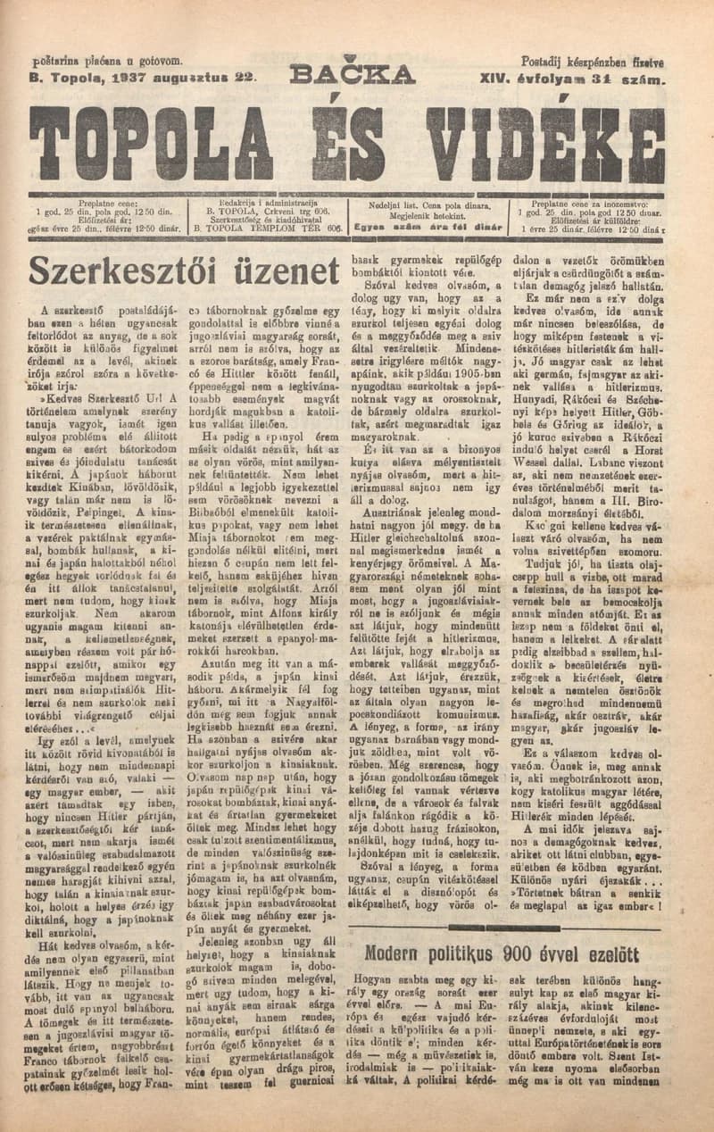 Bačka Topola és Vidéke, 14. évf. 1937. augusztus 22. 34. sz.