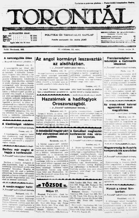 Torontál, 51. évf. 1922. május 19. 112. sz.