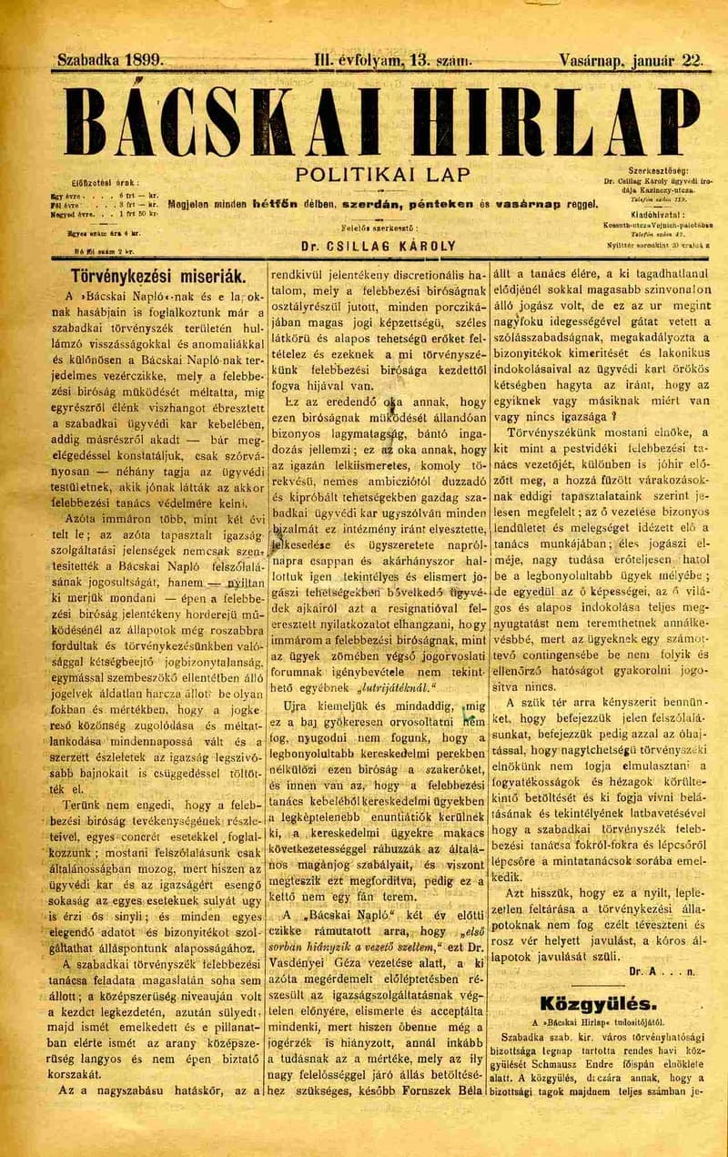 Bácskai Hirlap, 3. évf. 1899. január 22. 13. sz.