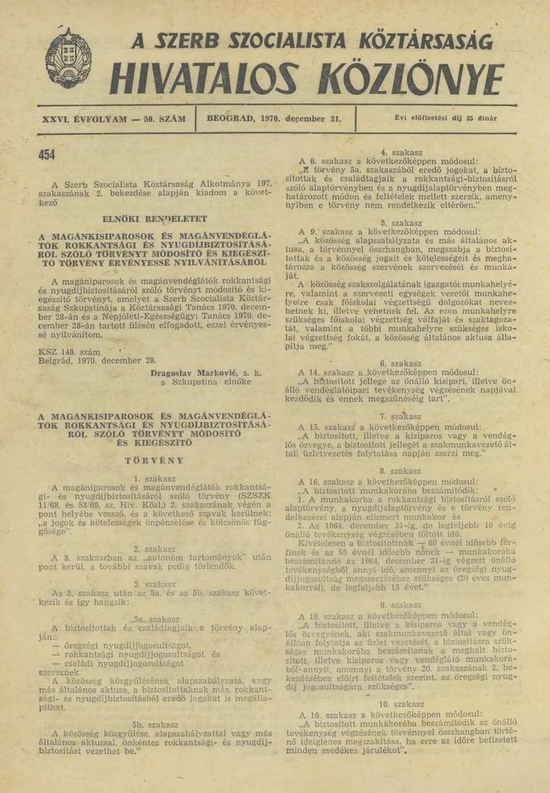 A Szerb Szocialista Köztársaság Hivatalos Közlönye, 26. évf. 1970. december 31. 50. sz. 1377–1396. oldal