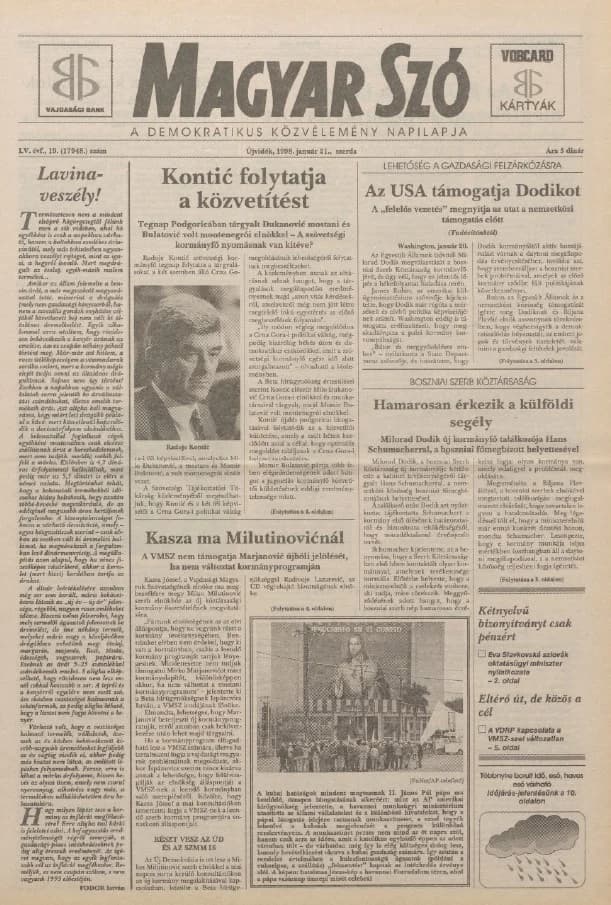 Magyar Szó, 55. évf. 1998. január 21. 19. sz. 1–16. oldal