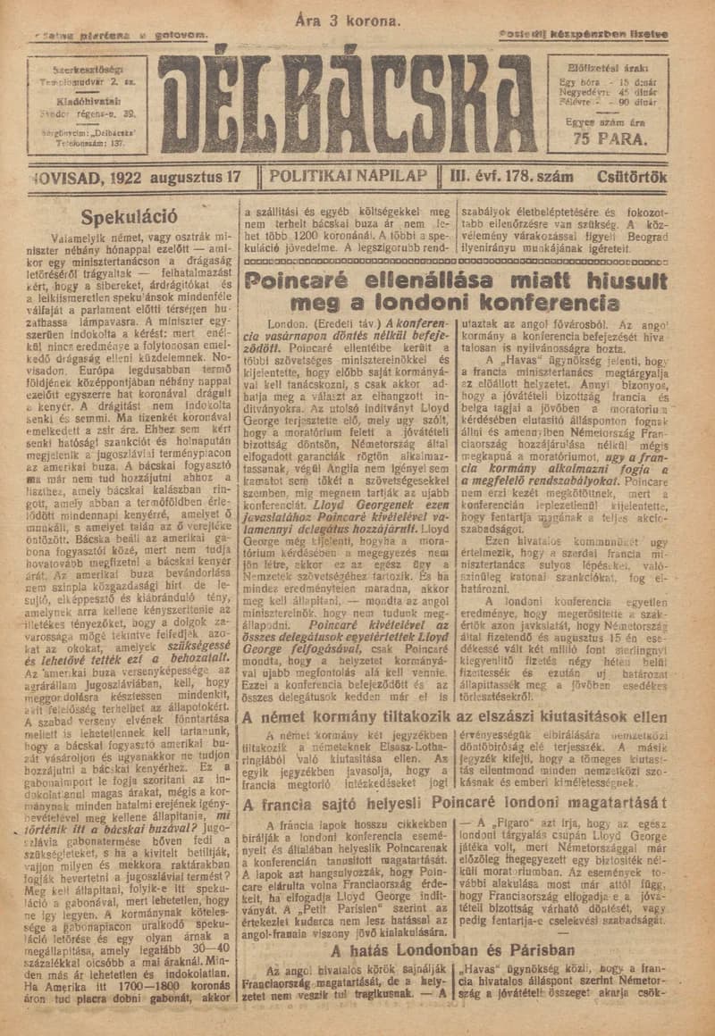 Délbácska, 3. évf. 1922. augusztus 17. 178. sz.