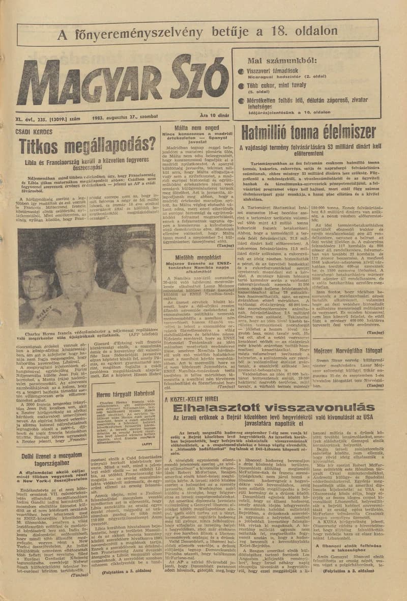 Magyar Szó, 40. évf. 1983. augusztus 27. 235. sz. 1–20. oldal