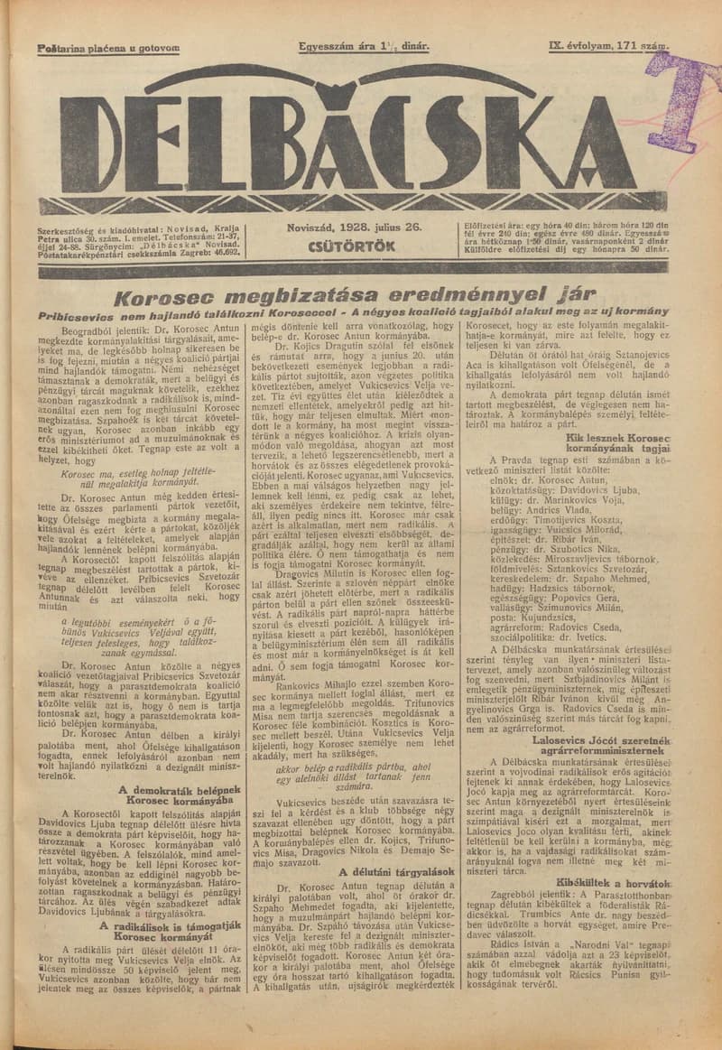 Délbácska, 9. évf. 1928. július 26. 171. sz.