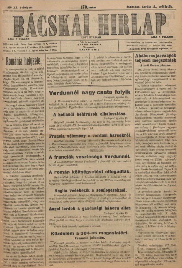 Bácskai Hirlap, 20. évf. 1916. április 13. 170. sz.