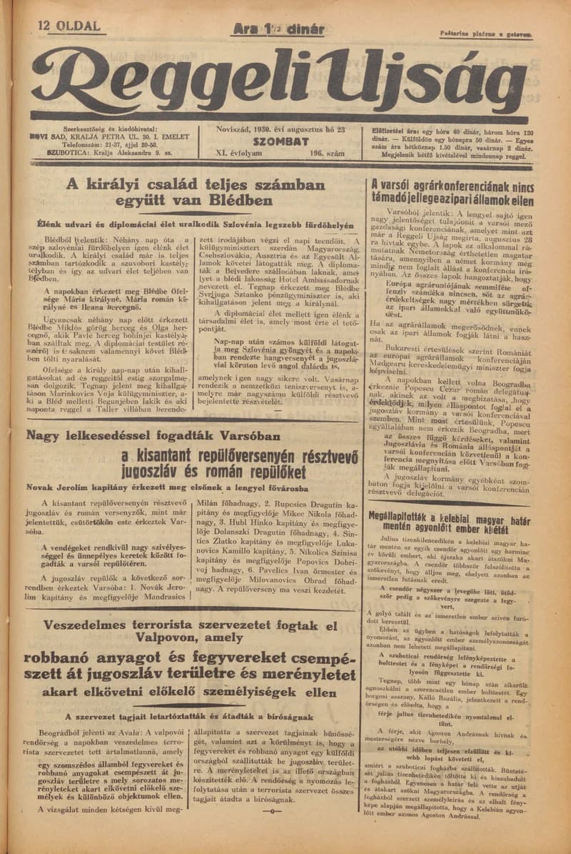 Reggeli Újság, 11. évf. 1930. augusztus 23. 196. sz.