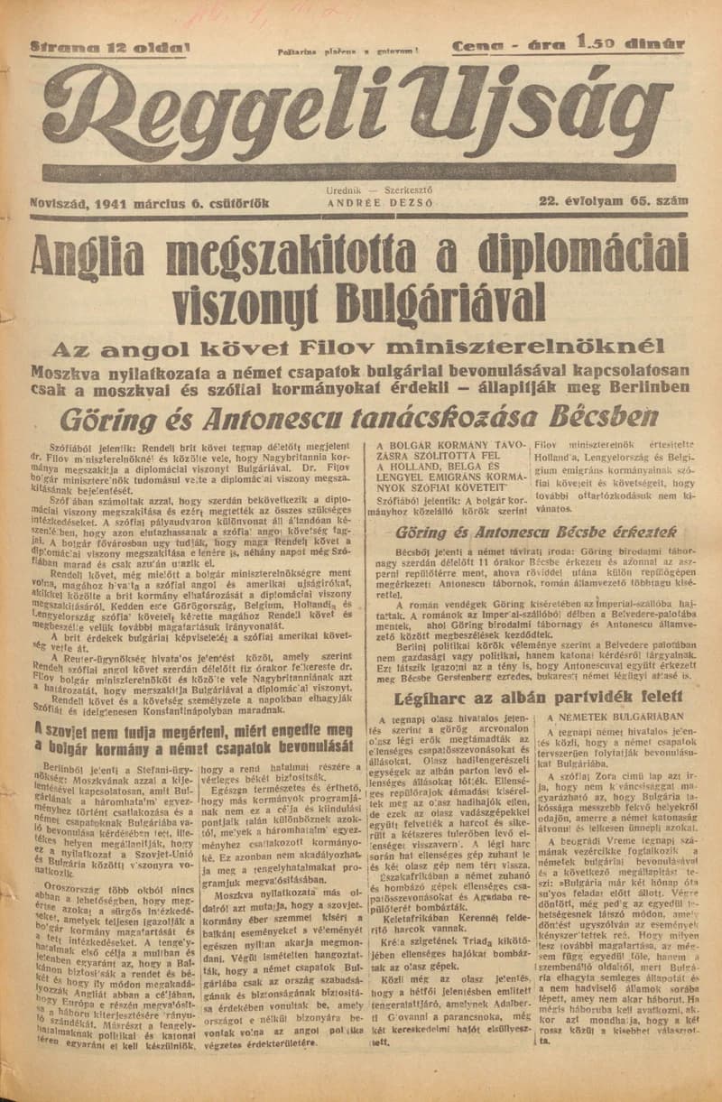 Reggeli Újság, 22. évf. 1941. március 6. 65. sz.