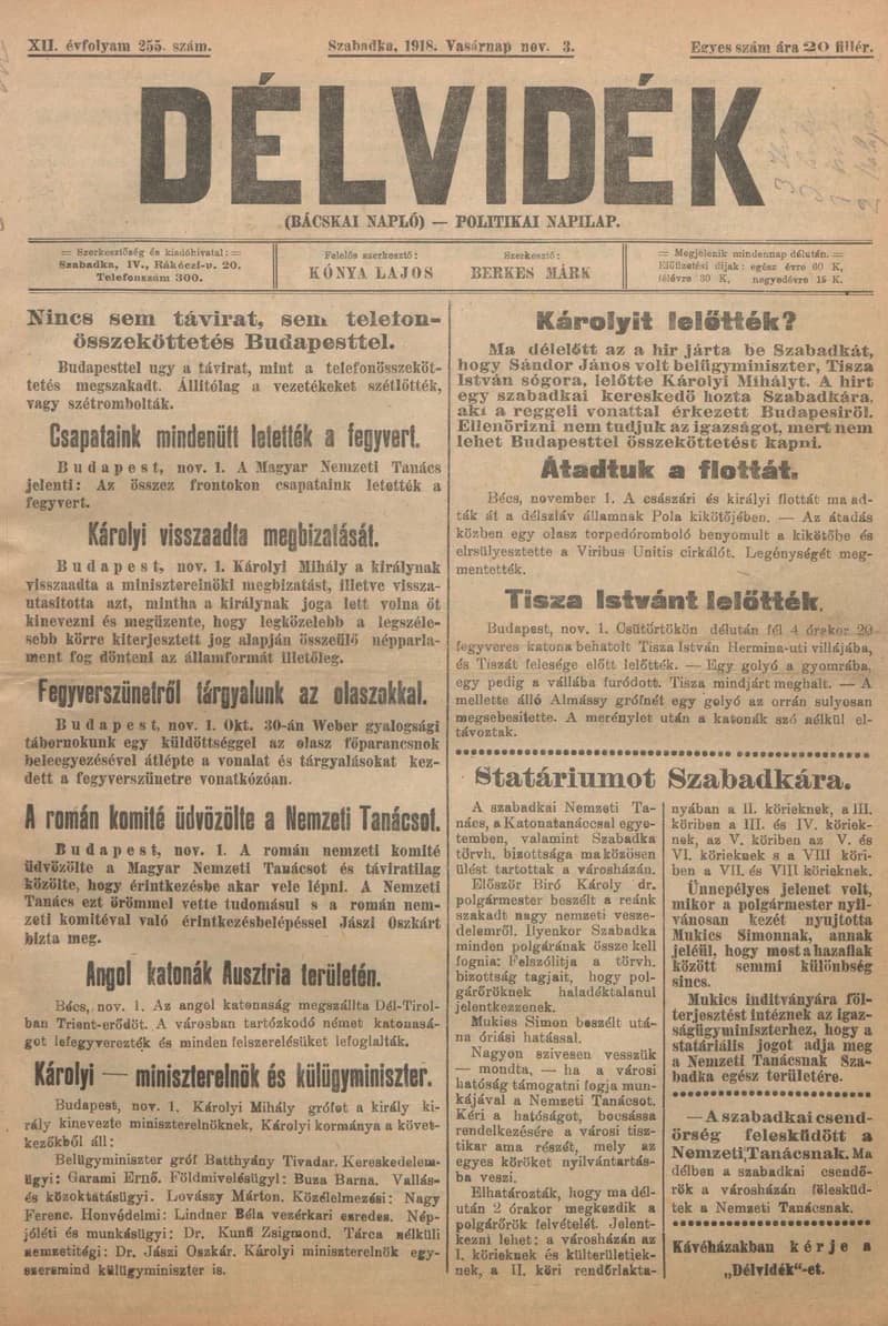 Délvidék, 12. évf. 1918. november 3. 255. sz.