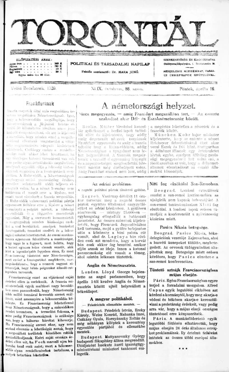 Torontál, 49. évf. 1920. április 16. 86. sz.