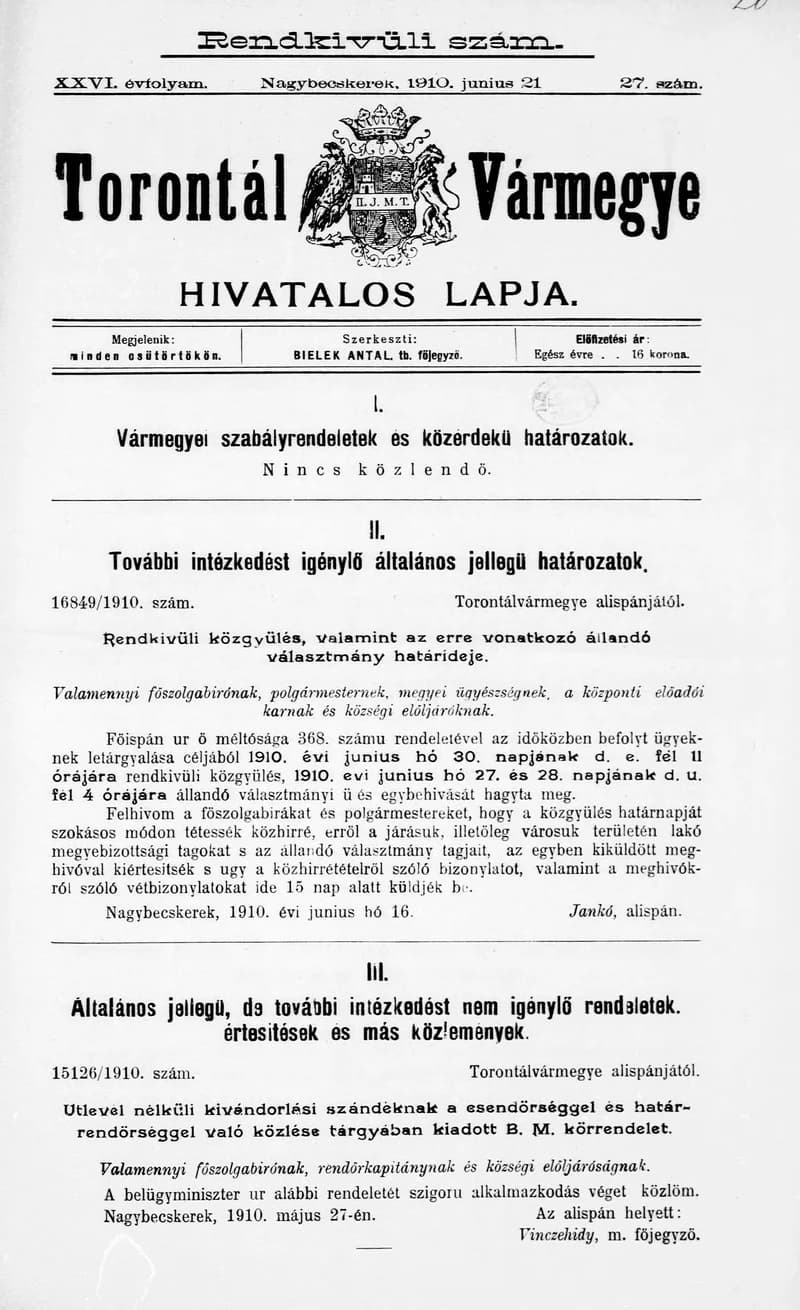 Torontál Vármegye Hivatalos Lapja, 26. évf. 1910. június 21. 27. sz.