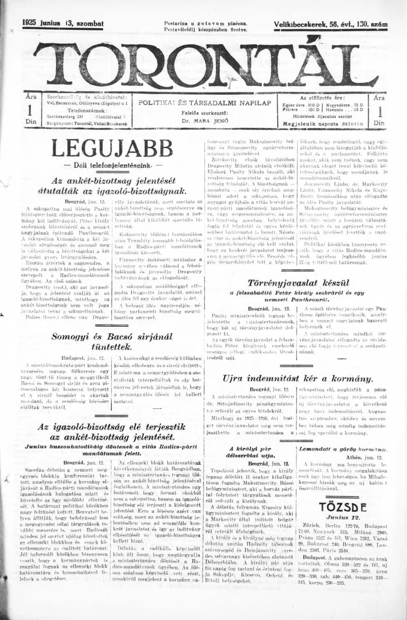 Torontál, 54. évf. 1925. június 13. 130. sz.