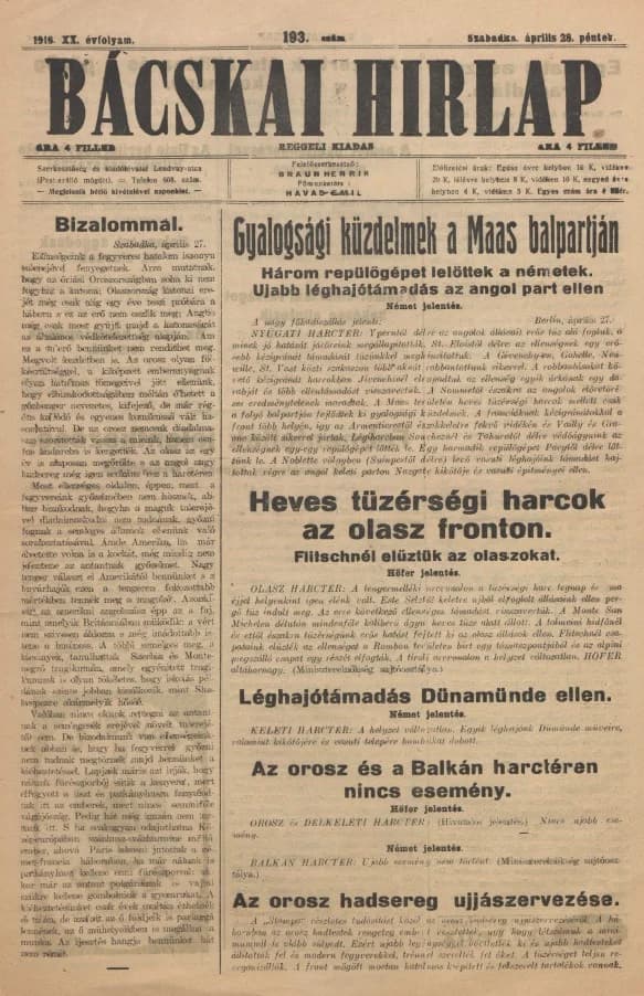 Bácskai Hirlap, 20. évf. 1916. április 28. 193. sz.