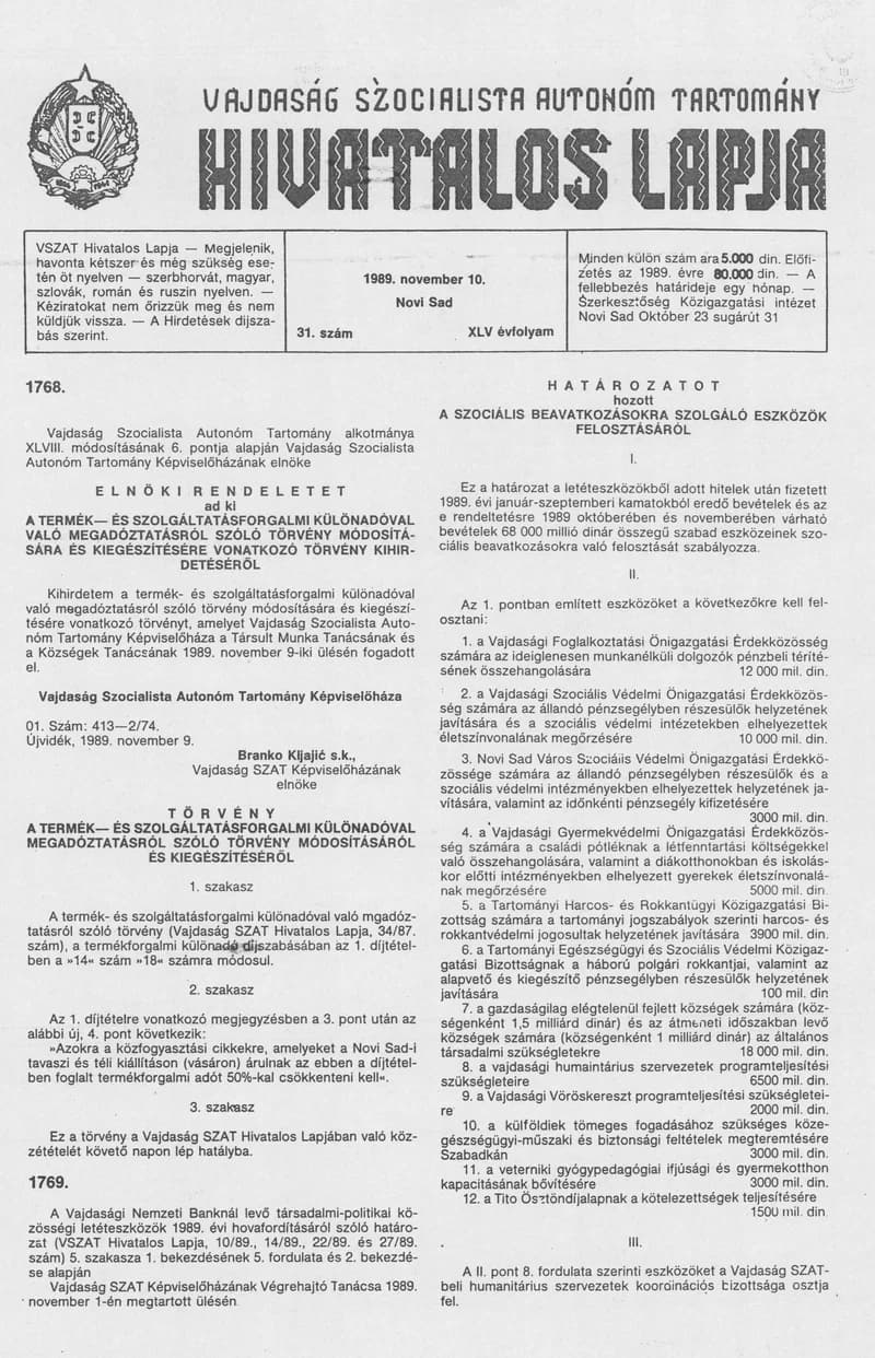 Vajdaság Szocialista Autonóm Tartomány Hivatalos Lapja, 45. évf. 1989. november 10. 31. sz.