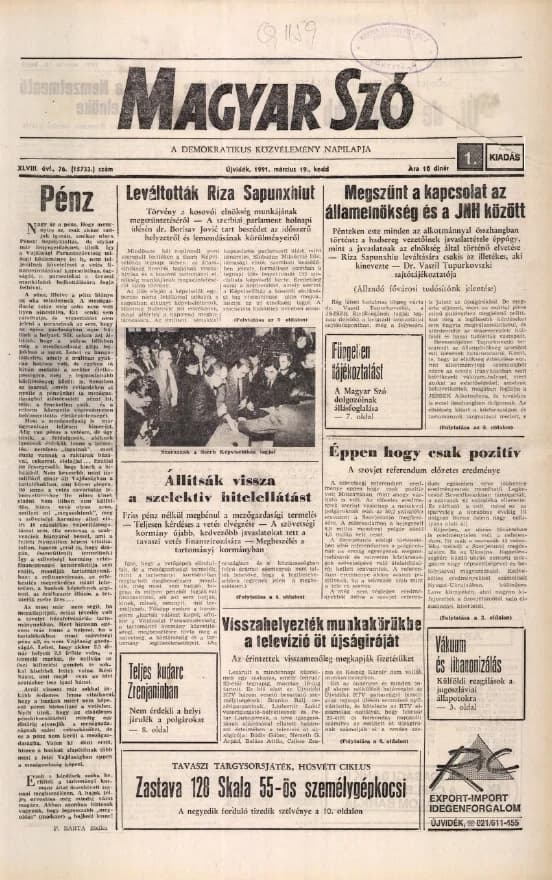 Magyar Szó, 48. évf. 1991. március 19. 76. sz. 1–20. oldal