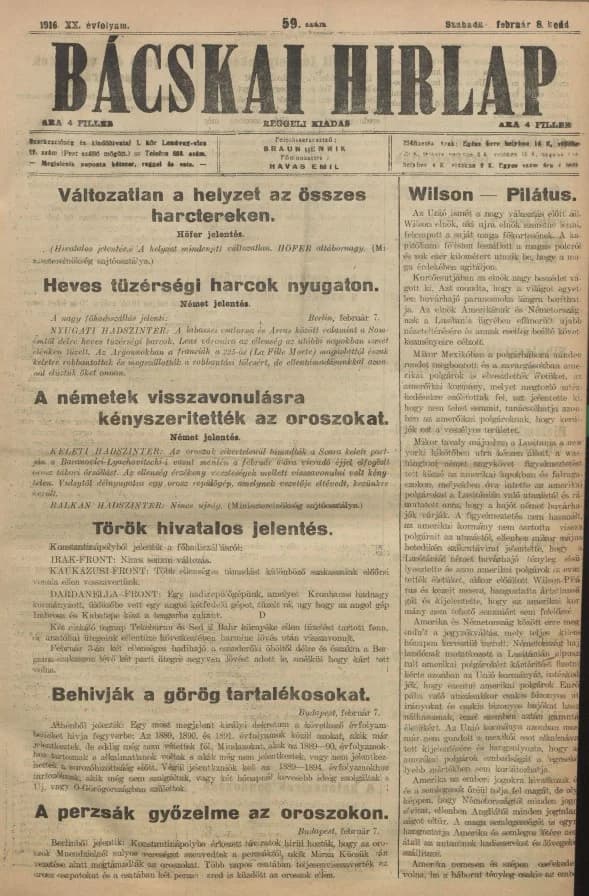 Bácskai Hirlap, 20. évf. 1916. február 8. 59. sz.