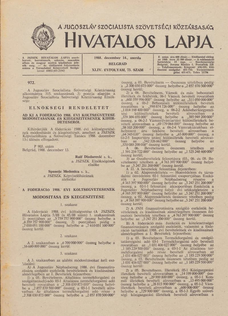 A Jugoszláv Szocialista Szövetségi Köztársaság Hivatalos Lapja, 44. évf. 1988. december 14. 73. sz. 1849–1852. oldal
