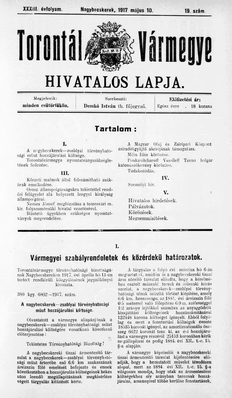 Torontál Vármegye Hivatalos Lapja, 33. évf. 1917. május 10. 19. sz.