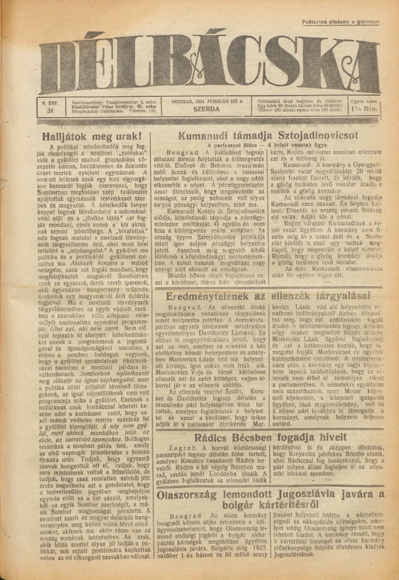 Délbácska, 5. évf. 1924. február 6. 31. sz.