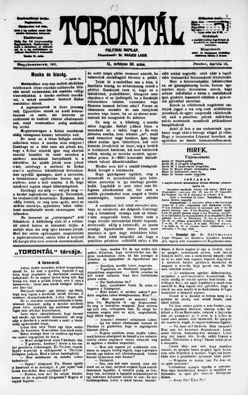 Torontál, 40. évf. 1911. április 14. 86. sz.