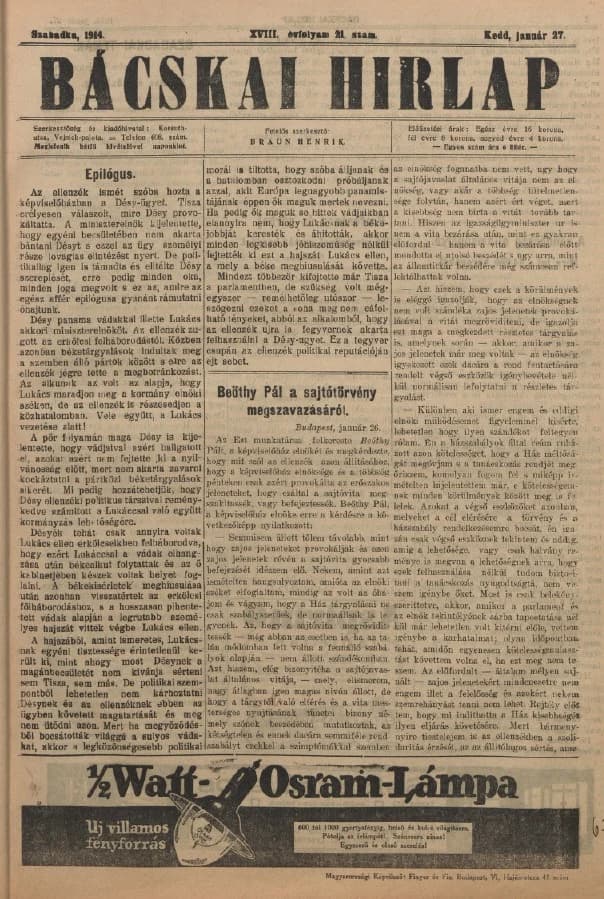 Bácskai Hirlap, 18. évf. 1914. január 27. 21. sz.